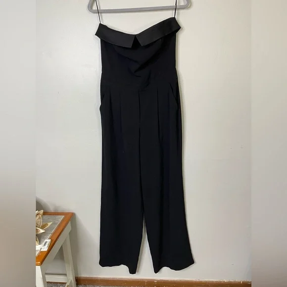 Trina Turk Edda Jumpsuit Sz 8 Satin Trim Wide Leg Strapless in Black Evening